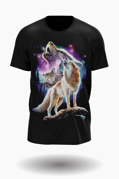 Wolf pack at night with moon and northern lights T-shirt